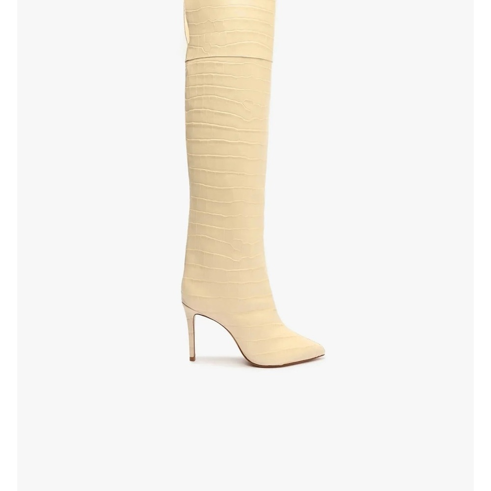 Cream Croc-Embossed Knee-High Boots